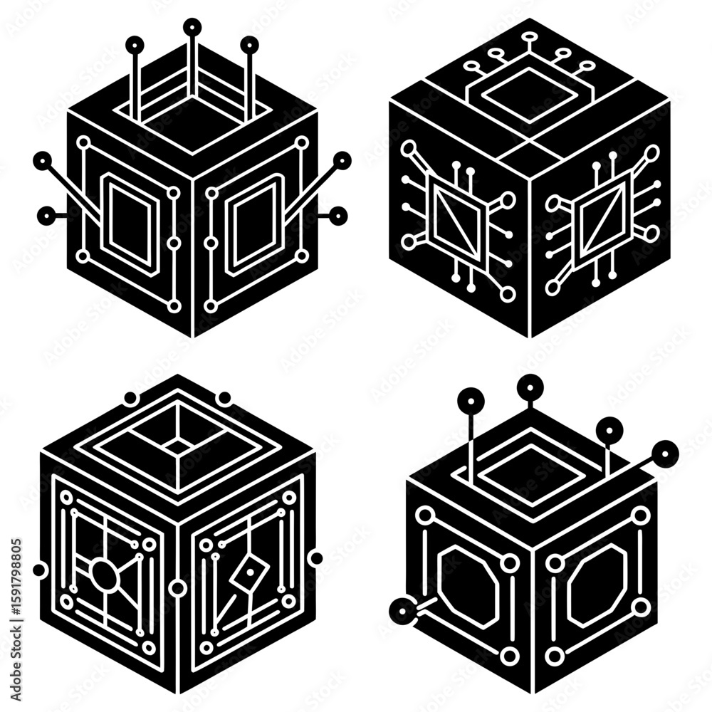 Aufkleber isometric black cubes with white circuit patterns and antenna like structures on a white background