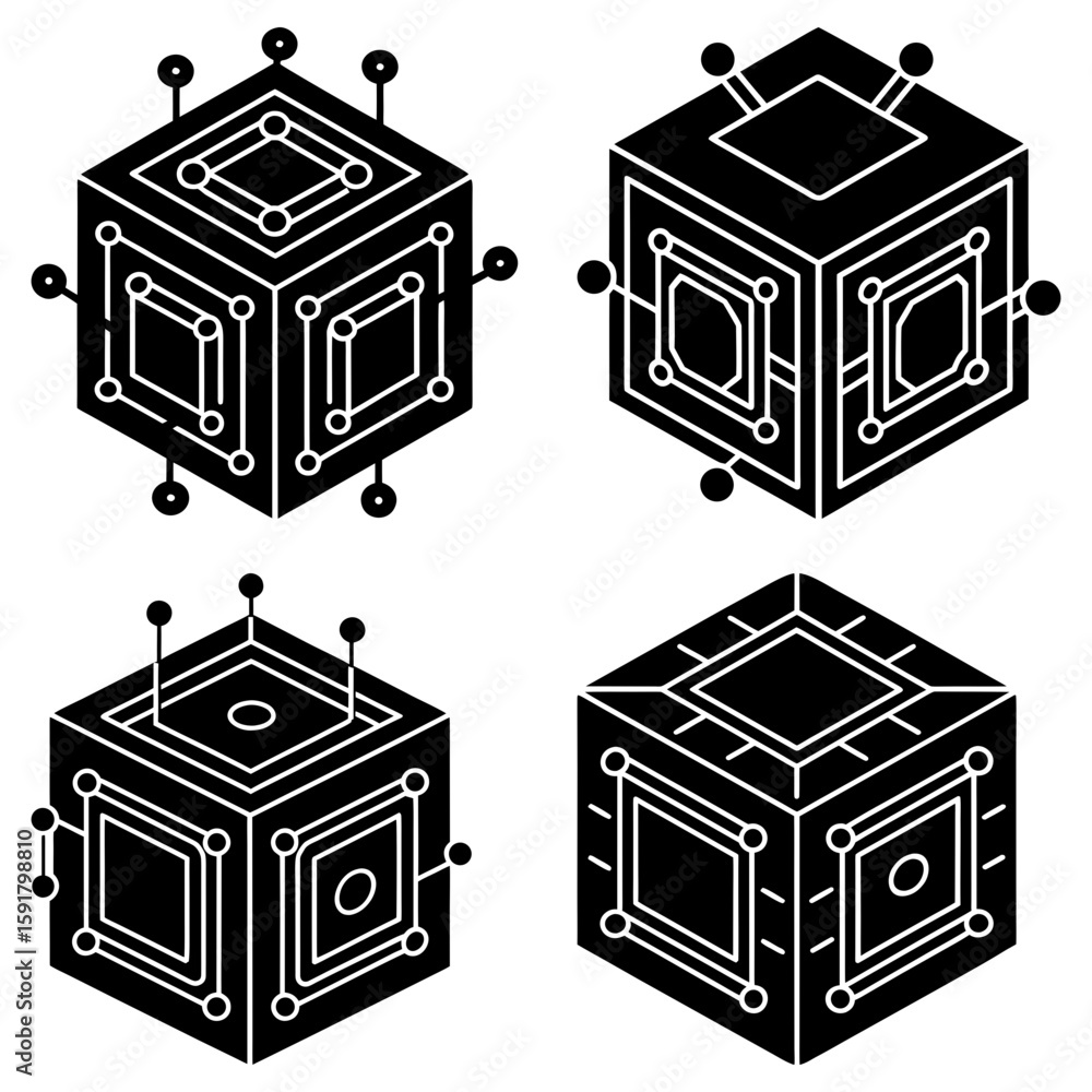 Poster four isometric cubes with geometric patterns and small circles on the corners in black and white sty
