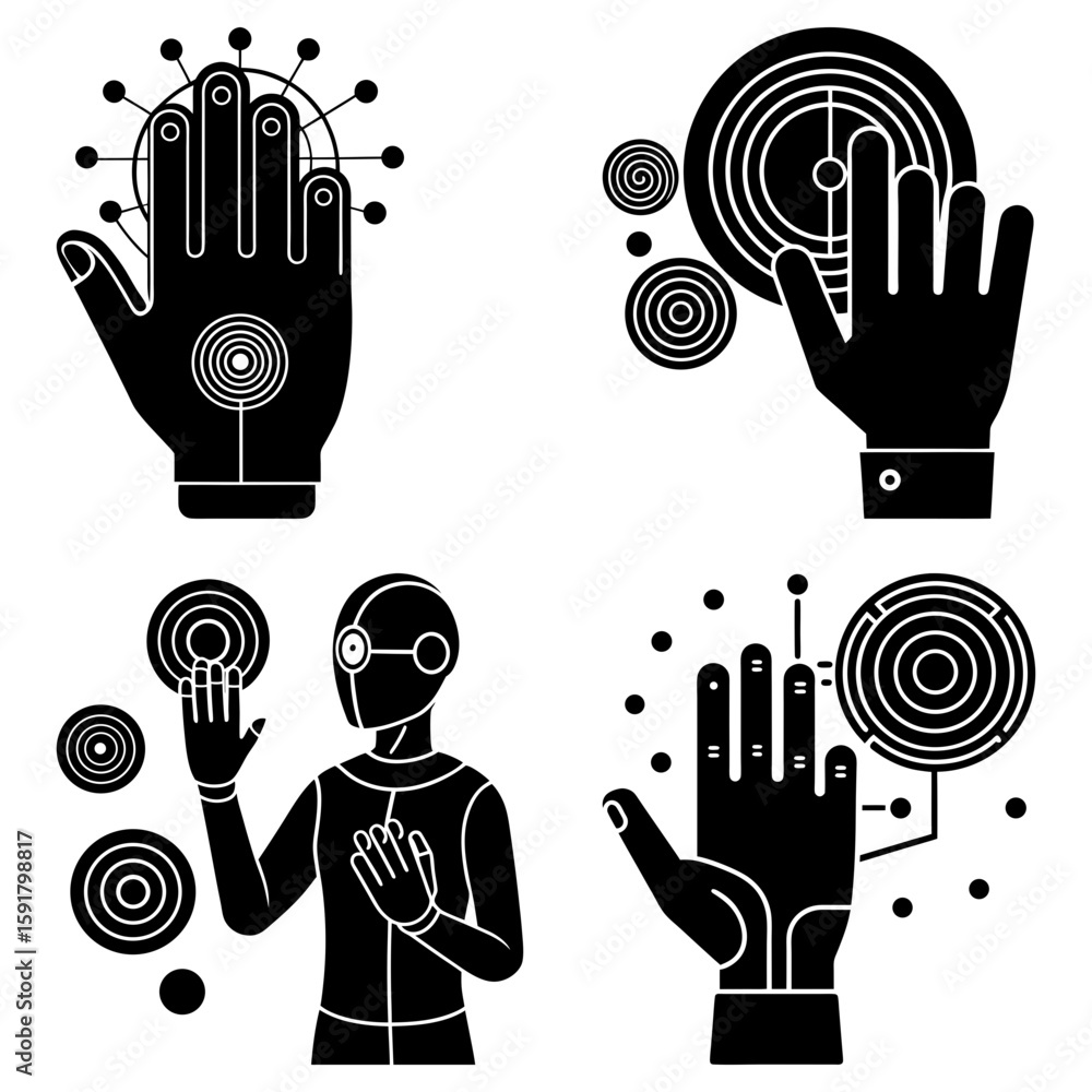 Poster four futuristic interfaces showing hands interacting with digital elements and a humanoid figure pre