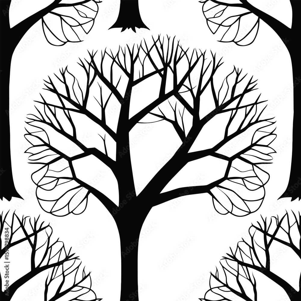 Poster seamless pattern of stylized trees in black and white: a minimal, decorative background featuring re