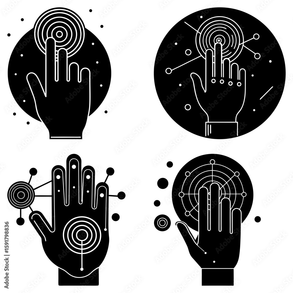 Poster stylized illustrations of hands interacting with circular interfaces in a black and white design