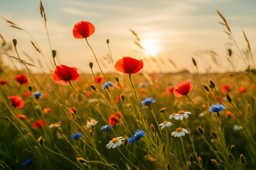 Obraz premium Vibrant wildflowers in a golden sunset field
