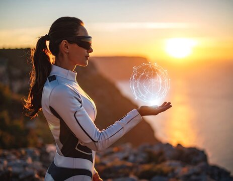 Woman in futuristic suit holding a holographic globe at sunset - Powered by Adobe