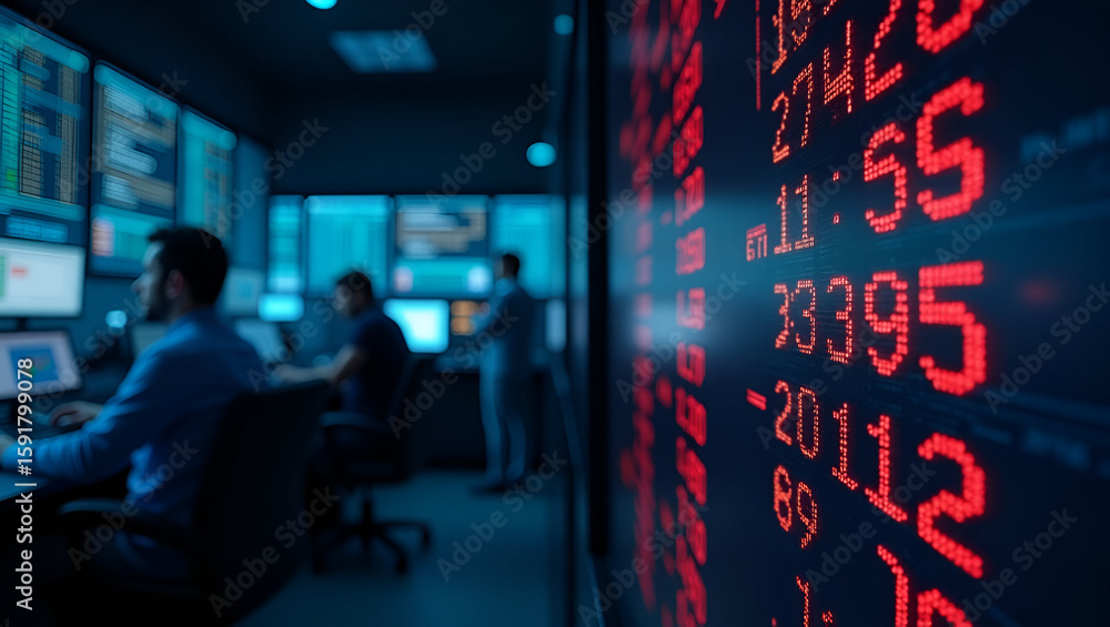 Poster high-resolution stock photo of global stock exchange trading floor with traders analyzing digital ti
