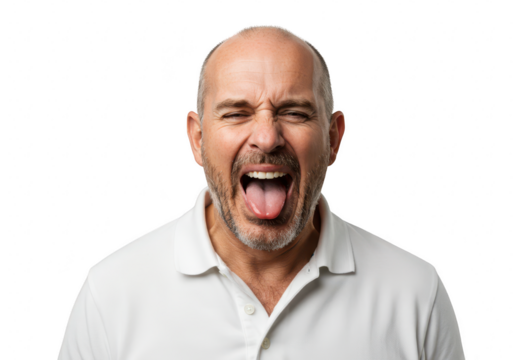 A bald, bearded man in a white polo shirt shouts with his mouth open and tongue out, isolated on transparent background - Powered by Adobe