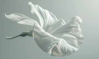 Intricate texture and inherent beauty are displayed by a tiny white petal floating elegantly against a gentle gray backdrop, Generative AI.