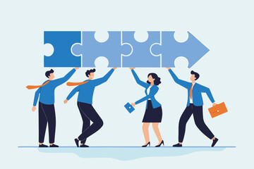 Flat illustration of business people connect arrow piece jigsaw puzzle teamwork for career growth 