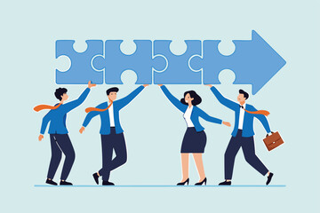 Flat illustration of business people connect arrow piece jigsaw puzzle teamwork for career growth 