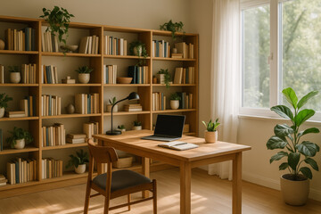 Fototapeta premium Modern study room with wooden furniture and plants decor