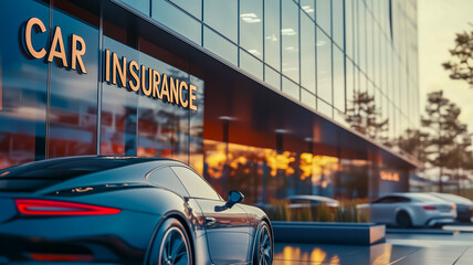 Modern car parked near sleek car insurance office building
