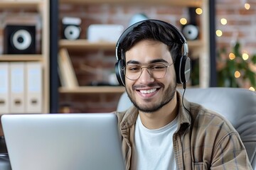 Smiling Young Businessman Working Remotely on Laptop with Headphones