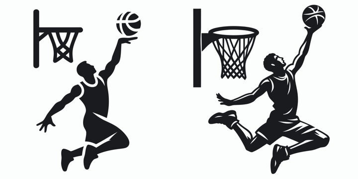 A Basketball player alley oop pass. Sports Activity Playing Game Athlete Competition Clipart Line Art Vector Illustration. Hoop throwing air ball assist court action.