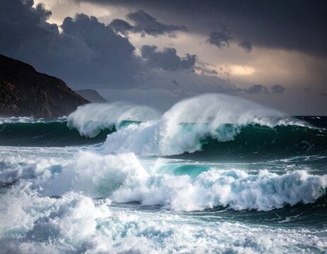 Dramatic ocean waves under stormy sky - Powered by Adobe