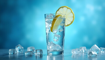 Refreshing drink with ice cubes and lemon slice in a tall glass against a vibrant blue background.