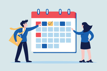 Flat illustration of businessman and businesswoman work together on calendar planner to schedule and organize team meetings 