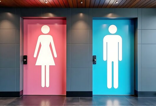 Modern public restroom entrance featuring a pink door for women sign and a blue door for men sign against dark grey tiled wall bathed in lighting	