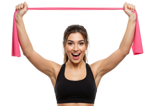A fit woman with a joyful expression holds a pink resistance band overhead, isolated on a transparent background