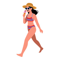 Summer girl enjoying ice cream and walking on the beach