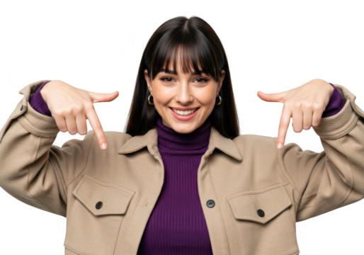 A young woman with dark hair and bangs smiles and points down with both index fingers, isolated on a transparent background