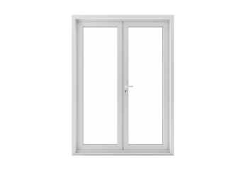 A modern, sleek, four-panel sliding glass patio door with a white aluminum frame and flush handles, perfectly isolated against a seamless plain white studio background with perfect illumination,