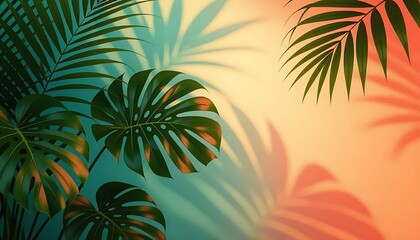 Tropical lush green Monstera and Palm leaves bathed in soft natural light casting dappled shadows across rich teal and orange gradient background