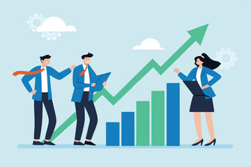 Obraz premium Flat illustration of business team look at rising arrow graph symbolizing business growth and sales increase 
