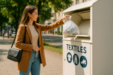 Naklejka na ściany i meble Woman donating textiles to recycling bin on a sunny day