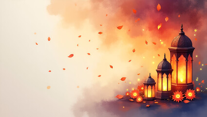 Watercolor Painting of Islamic Festival Lights: Glowing Lanterns & Abstract Florals on Textured Background with Empty Space for Text