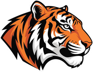 Fototapeta premium A fierce tiger illustration showcases its striking orange and black stripes against a stark black background in profile.