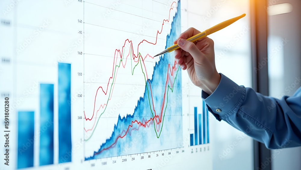 Poster realistic watercolor illustration of analysts creating trend analysis report with line graphs and in