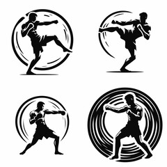 Fototapeta premium A Muay Thai fighter roundhouse. Sports Activity Playing Game Athlete Competition Clipart Line Art Vector Illustration. Kickboxing combatant turning kick boxing martial blow.