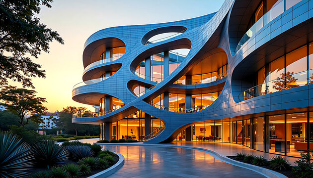 Modern building in geometric shape features a building's glass facades covered by curved steel blue wall with amber lighting inside surrounded by lush green garden and pathway towards entrance