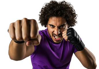 A determined boxer with curly hair throws a powerful punch forward, showing intense focus and aggression, isolated on a transparent background