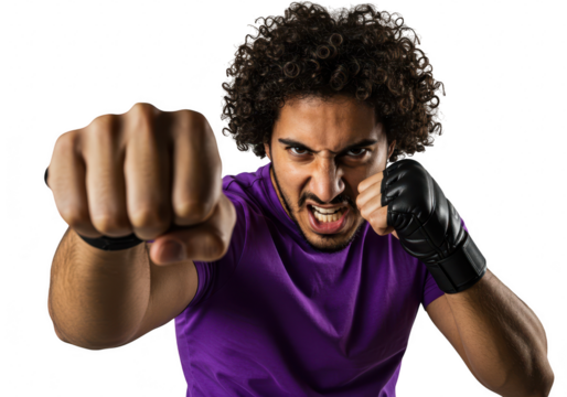A determined boxer with curly hair throws a powerful punch forward, showing intense focus and aggression, isolated on a transparent background