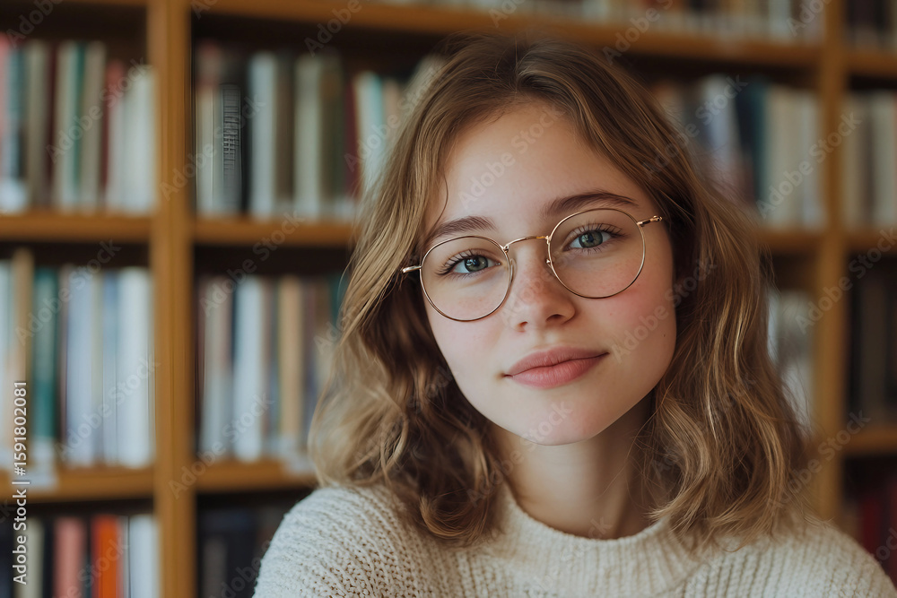 Poster an image of student in large library among books generative ai concept