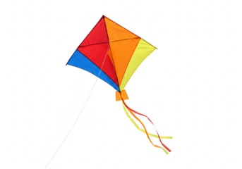 A colorful diamondshaped kite with a long tail, ready to fly in the wind, isolated on white isolated on transparent background