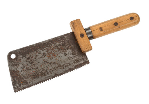 A rustic, old cleaver knife with a serrated edge and wooden handle, isolated on white isolated on transparent background