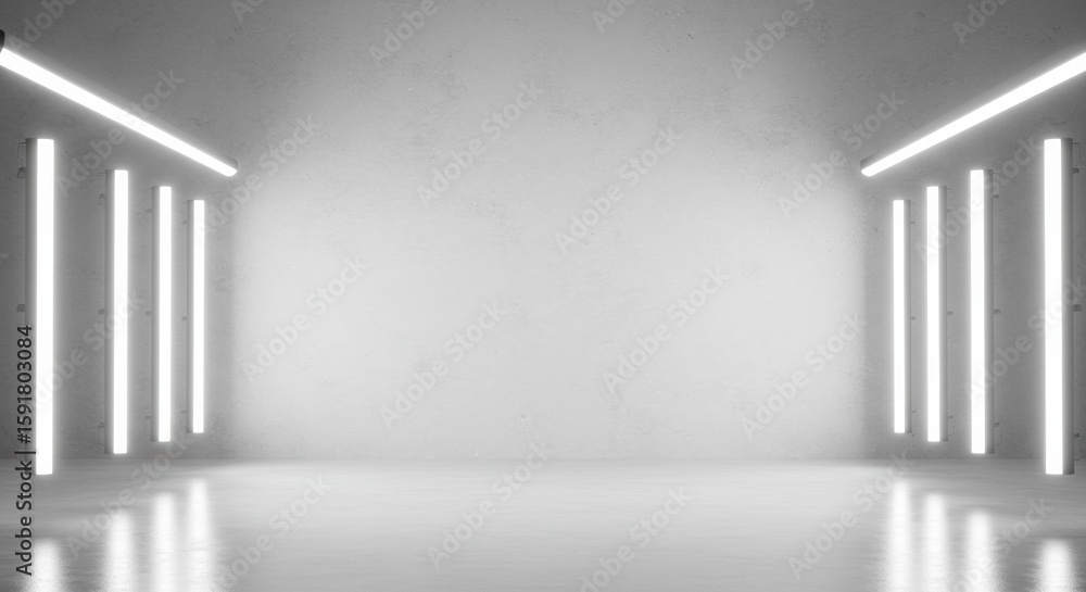 Poster illuminated empty room: a sleek and modern architectural space illuminated by a series of vertical n