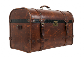 A vintage brown leather travel trunk with straps and buckles, isolated on a transparent background