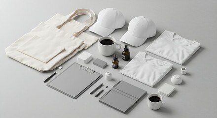 White promotional merchandise including tshirts, caps, and tote bags