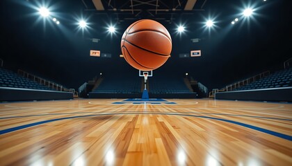A basketball ball floating in mid-air above the arena wooden floor against empty stadium bathed in white spotlights background, sports concept	