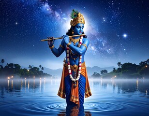 A divine figure plays flute by a serene lake under a night sky