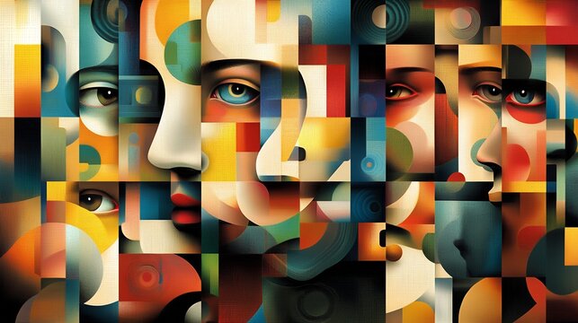 Abstract Faces Mosaic Art Featuring Geometric Shapes and Vibrant Colors