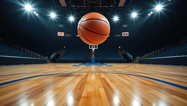 A basketball ball floating in mid-air above the arena wooden floor against empty stadium bathed in white spotlights background, sports concept - Powered by Adobe