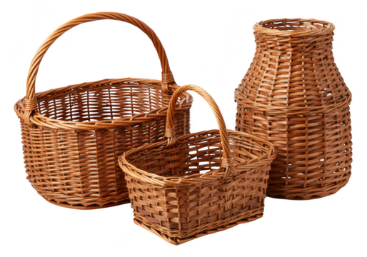 A collection of three woven wicker baskets of varying sizes and shapes, presented on a transparent background