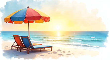 Tropical Sunset Beach Scene: Realistic Watercolor of Colorful Umbrella & Lounge Chairs on White Sand, Calm Sea, Nuanced Washes, Refined Brush Strokes, Empty Space