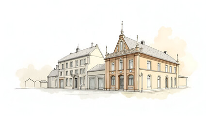 Artistic Watercolor Illustration of Historic Architecture Facades in Urban Settings with Fine Line Detailing and Ornamental Textures