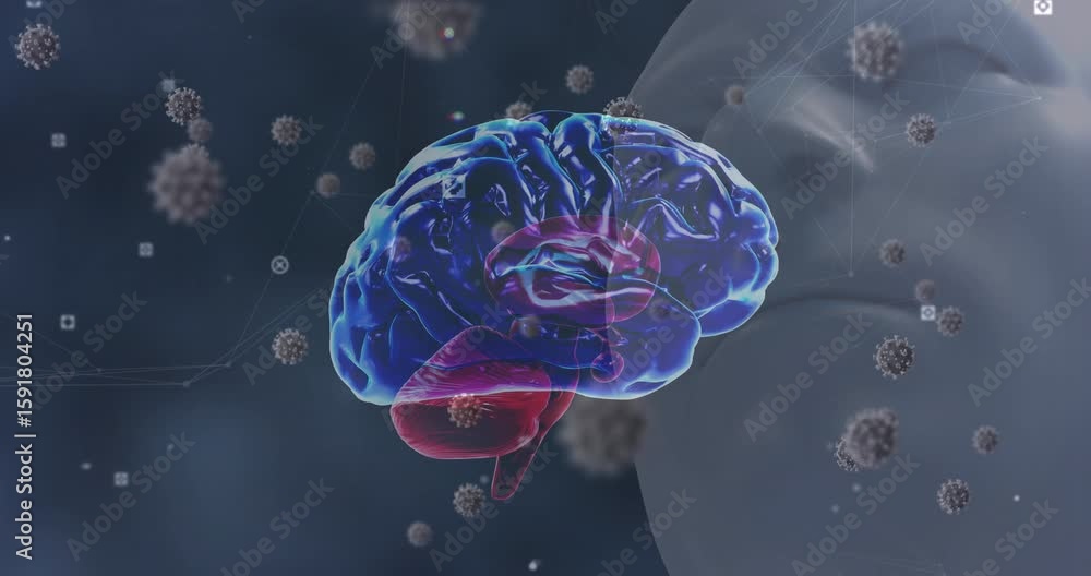 Poster start showing 3d brain rotating and viral particles drifting past face depicting neural link