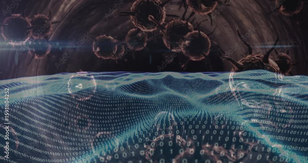 Poster binary wave rising from tunnel pulsing while spheres drifting representing virus flow