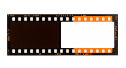 A horizontal vintage 35mm photographic film strip with dark brown leader, light orange exposed area, blank white rectangular copy space, perforations, "200-7" markings, isolated on transparent